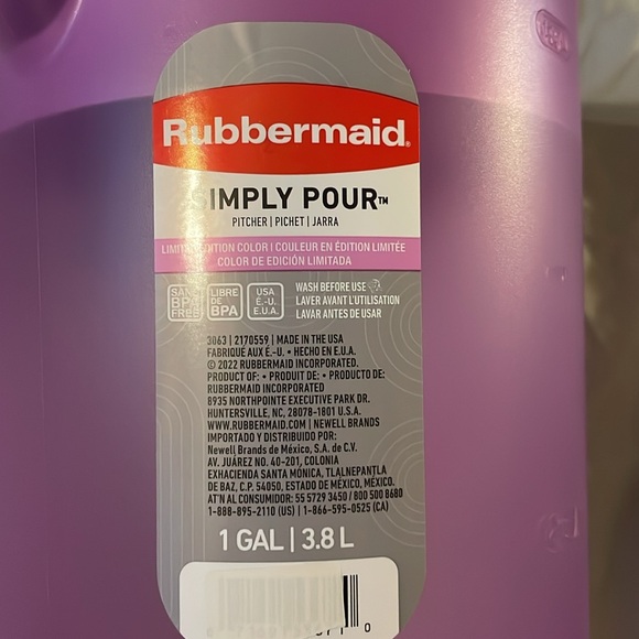 NWT Rubbermaid Simply Pour 1-Gallon Pitcher, BPA-Free, Dishwasher Safe, Orchid - Picture 2 of 2